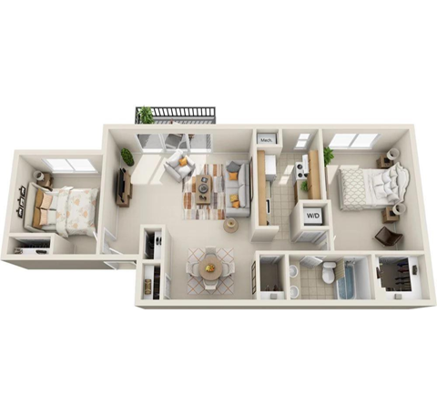 a stylized floor plan of a bedroom apartment